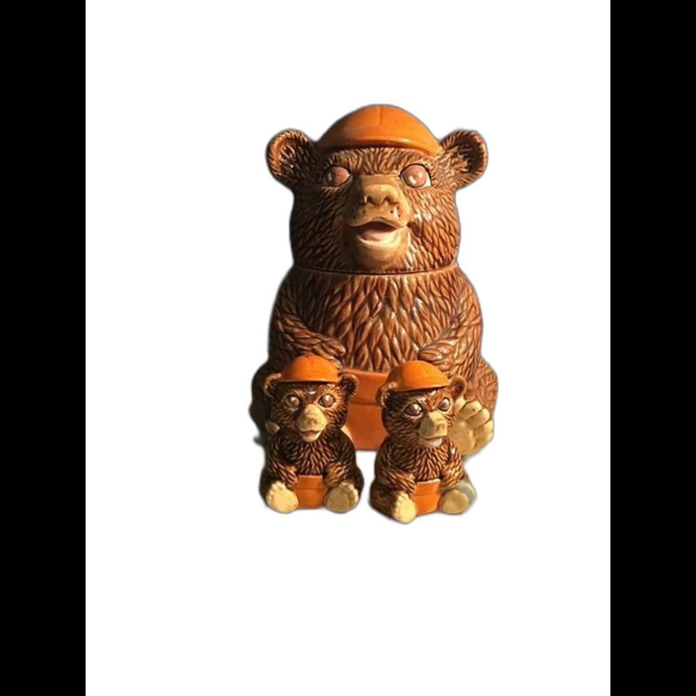 Vintage Lego Japan Bear Cookie Jar & Matching Salt Pepper Shaker Set Orange Hat